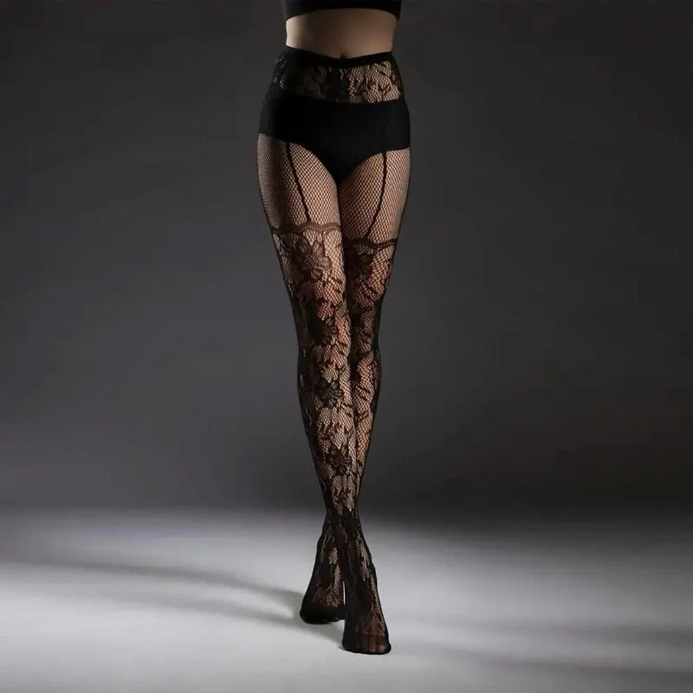 Black Floral Lace‎ Fishnet Tights, Hot Elastic High Waist Pantyhose One Size